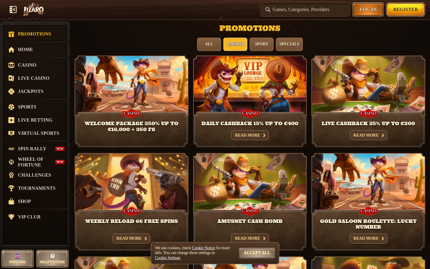 Lizaro terms, promotions or casino lobby screenshot