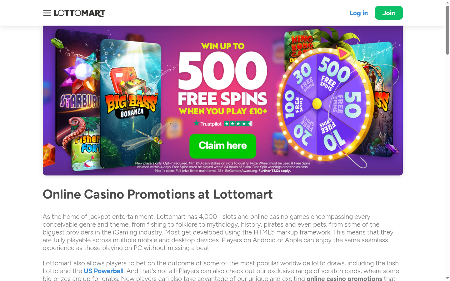 Lottomart terms, promotions or casino lobby screenshot