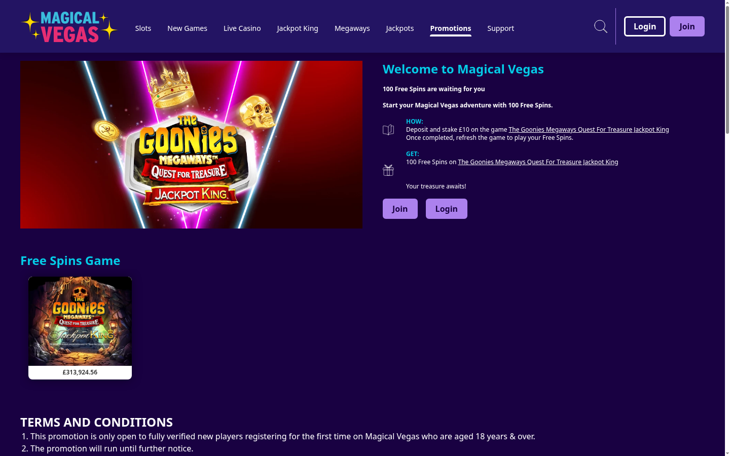 Magical Vegas terms, promotions or casino lobby screenshot