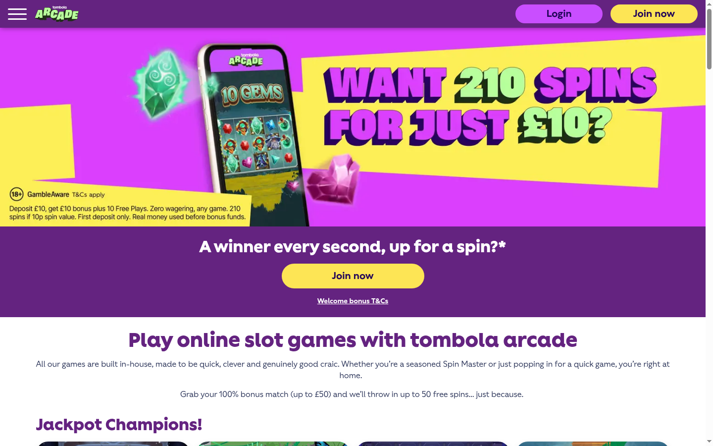 Tombola Arcade homepage screenshot