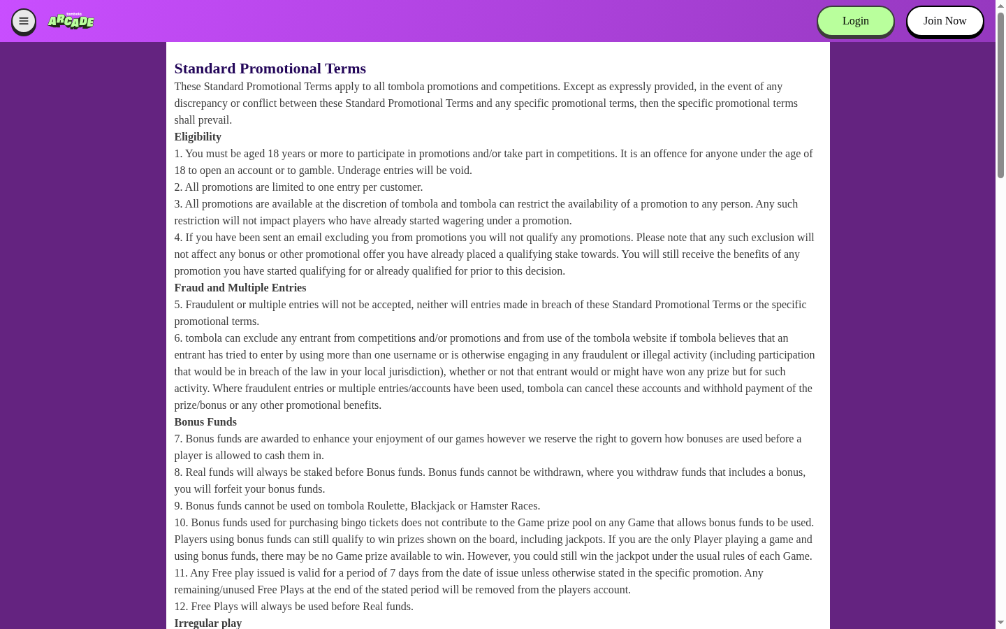 Tombola Arcade terms, promotions or casino lobby screenshot