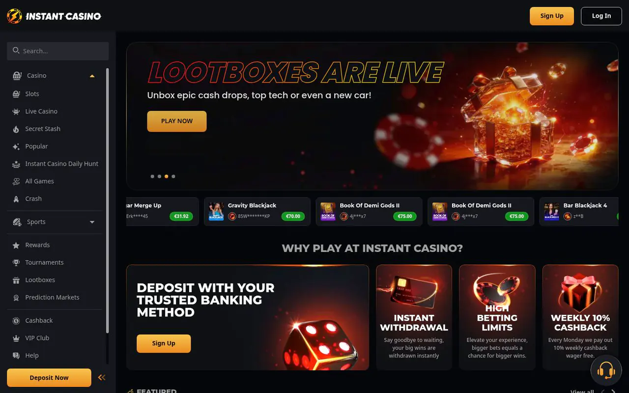 Instant Casino homepage screenshot