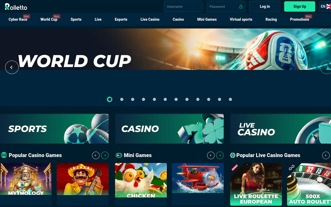 Rolletto Casino homepage screenshot