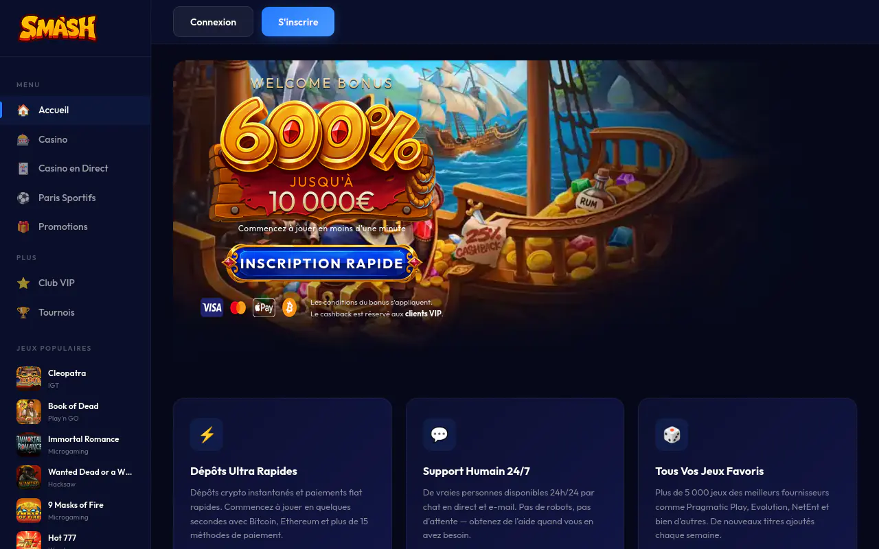 Smash Casino homepage screenshot