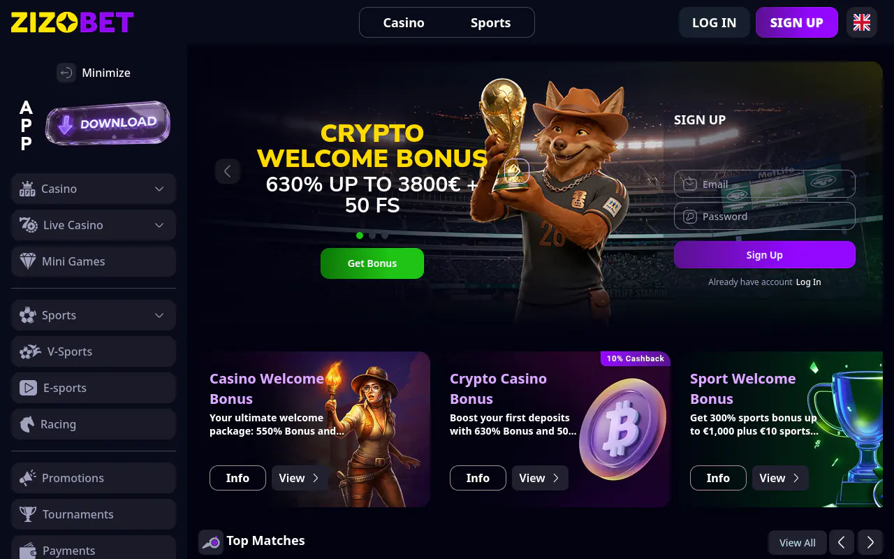 Zizobet Casino homepage screenshot