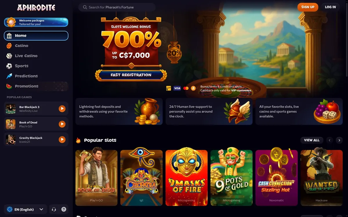 Aphrodite Casino homepage at aphrodite.casino