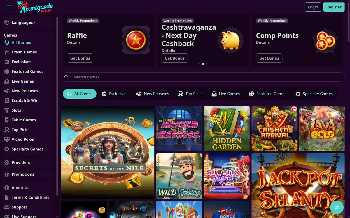 Avantgarde Casino homepage at avantgardecasino.com