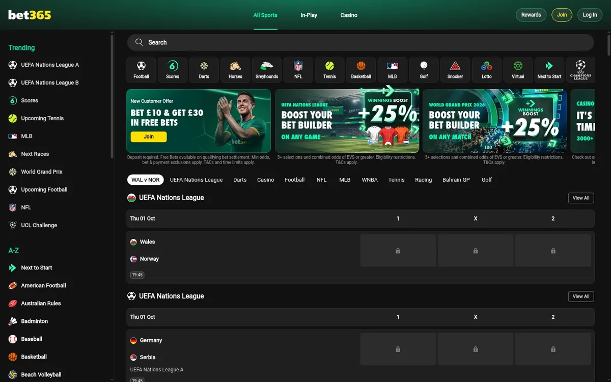 bet365 homepage at bet365.com