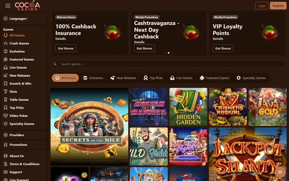 Cocoa Casino homepage at cocoacasino.com