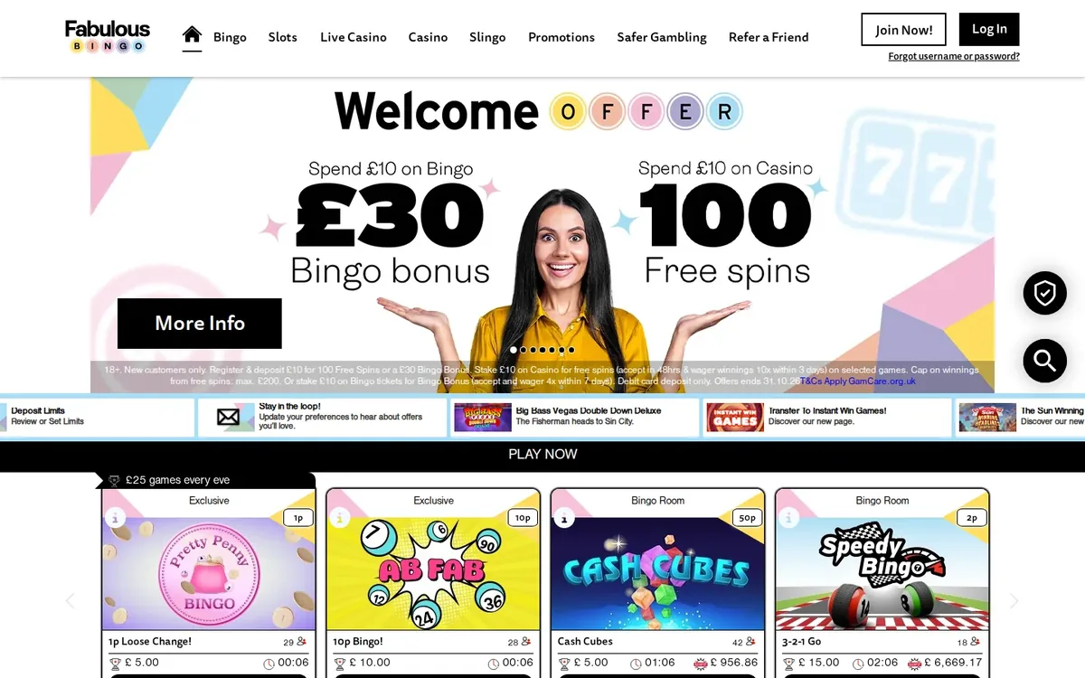 Fabulous Bingo homepage at fabulousbingo.co.uk