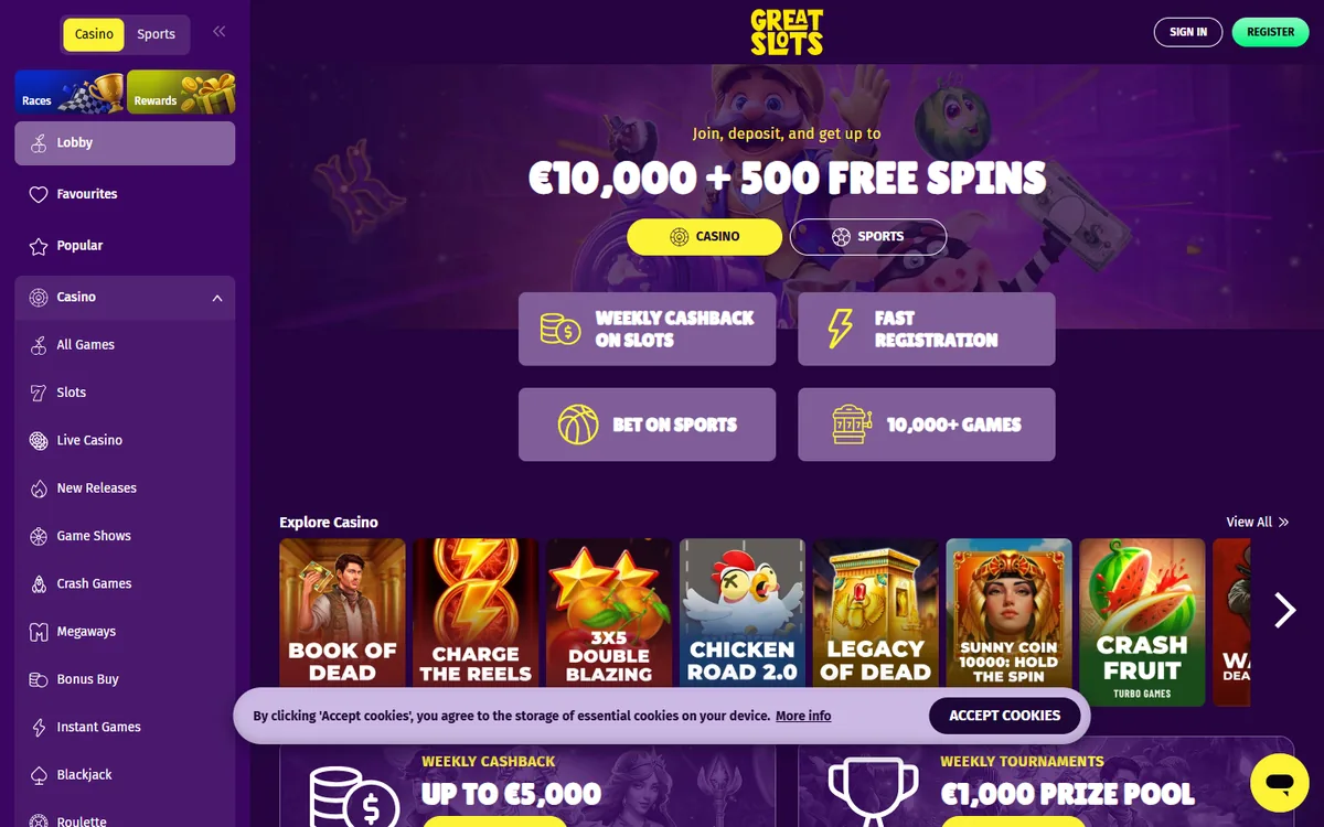 Great Slots homepage at lobby.greatslots.com