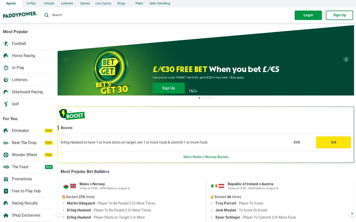 Paddy Power homepage at paddypower.com