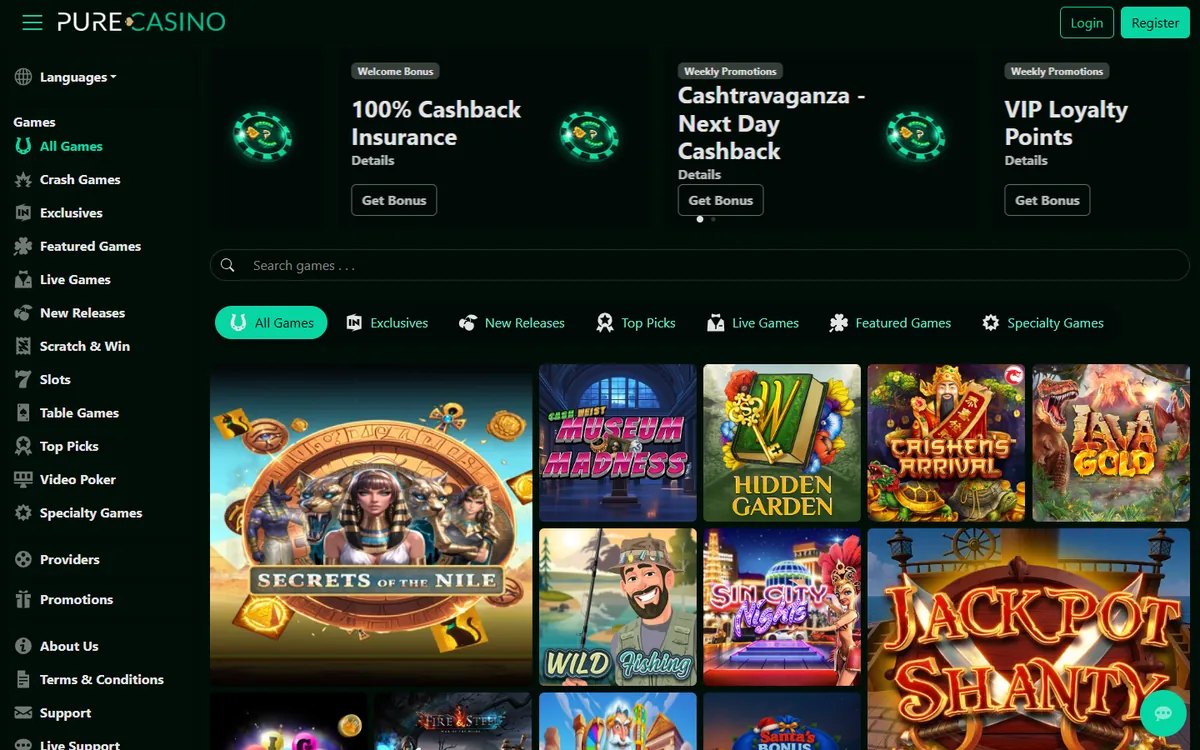 Pure Casino homepage at pure.casino
