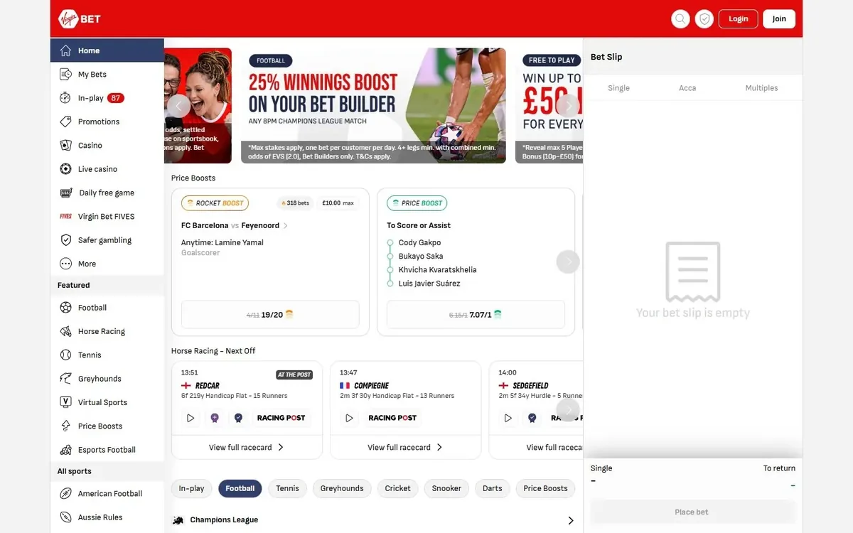 Virgin Bet homepage at virginbet.com